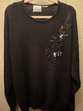Vintage Beaded Butterfly Sweater Black Embellished Oversized Knit
